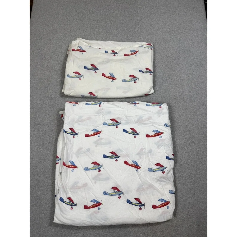 Pottery Barn Kids Twin Flat Sheet and Duvet Cover Set Airplane Print Cotton